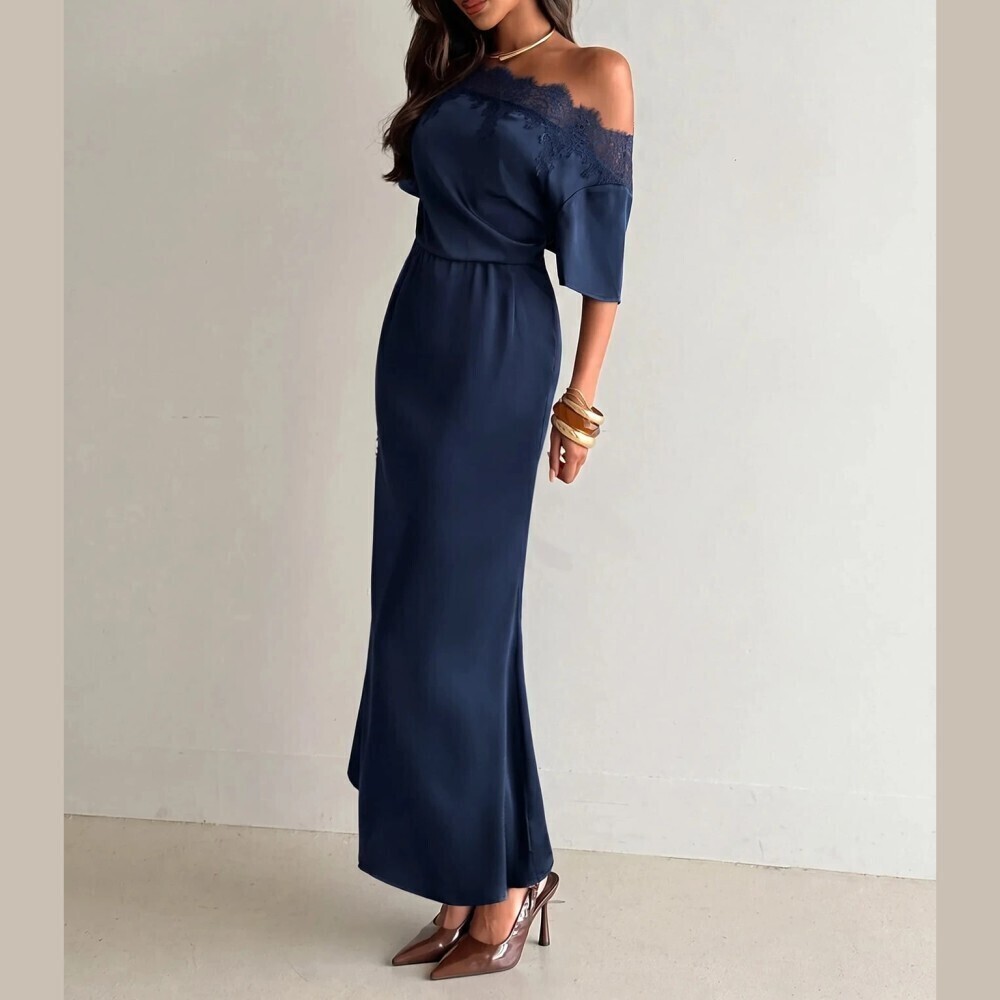 Navy Satin Lace Trim Off Shoulder Asymmetrical Neck Maxi Dress